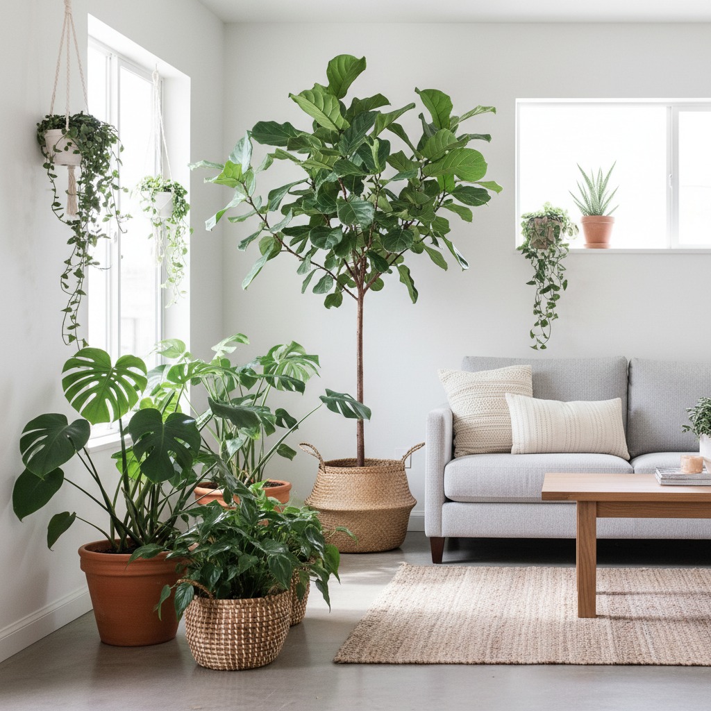 Sala de estar iluminada com um sofá cinza, mesa de centro de madeira e diversos vasos de plantas espalhados pelo ambiente.