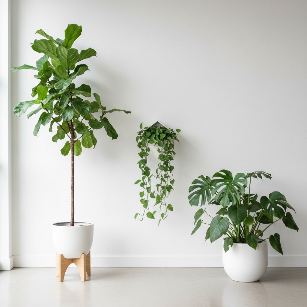 Três plantas em vasos brancos decoram uma parede branca, sendo uma figueira-lira alta, uma jiboia pendente e uma costela-de-adão.