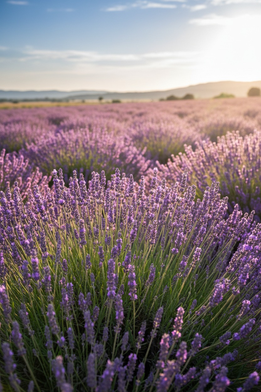 Campo de lavanda em flor sob a luz suave do pôr do sol.