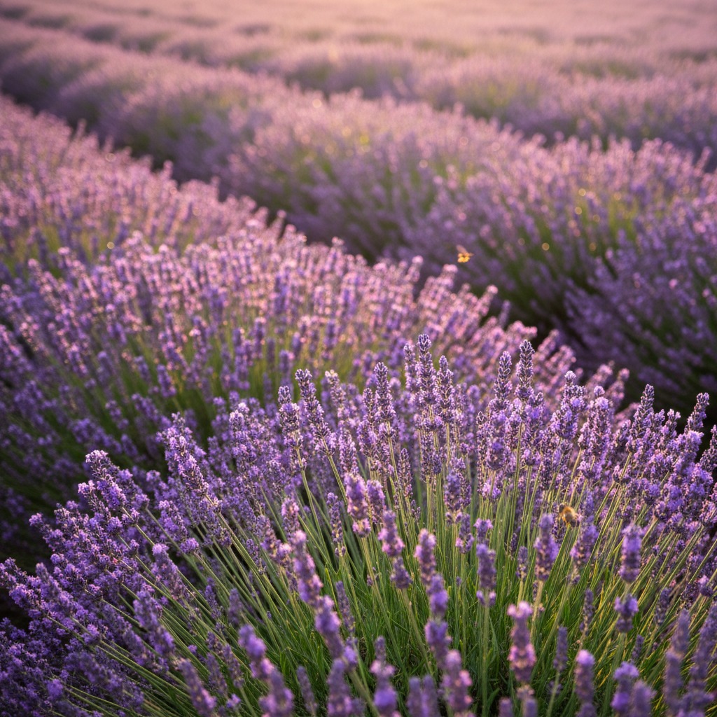 Campo de lavandas em flor sob a luz suave do pôr do sol com uma abelha voando entre as plantas.